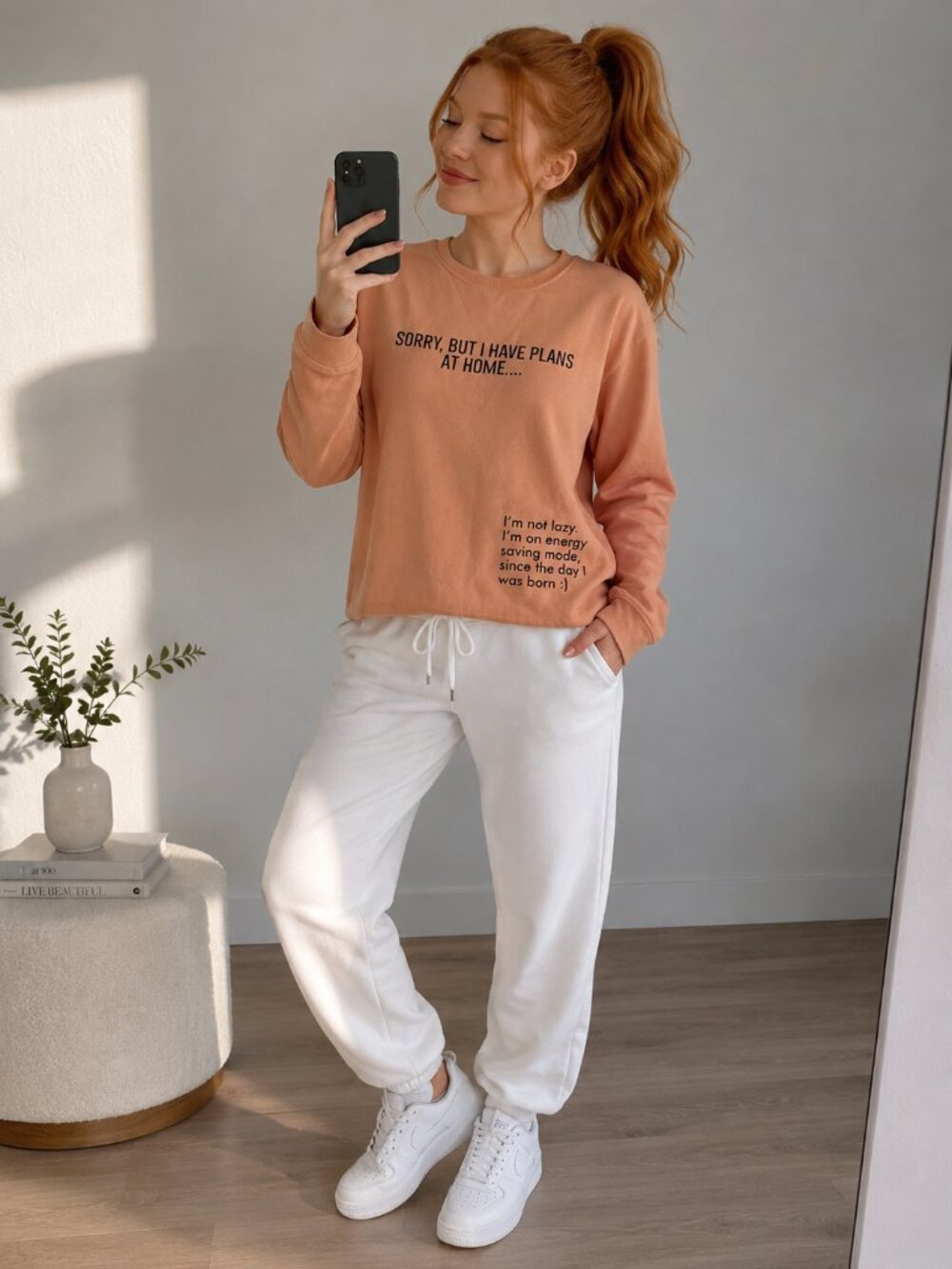 Women's Peach Graphic Sweatshirt - Sorry, But I Have Plans At Home